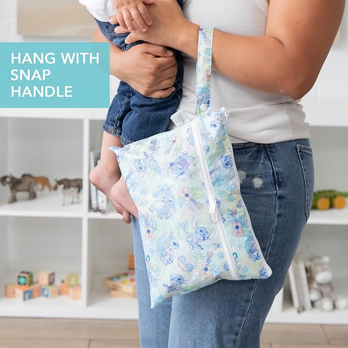 Bumkins Disney Waterproof Wet Dry Clutch Bag for Baby, Travel, Swim Suit, Cloth Diapers, Pump Parts, Pool, Gym Clothes, Toiletry, Strap to Stroller, Daycare, Zip Reusable Bag, Packing Pouch, Stitch