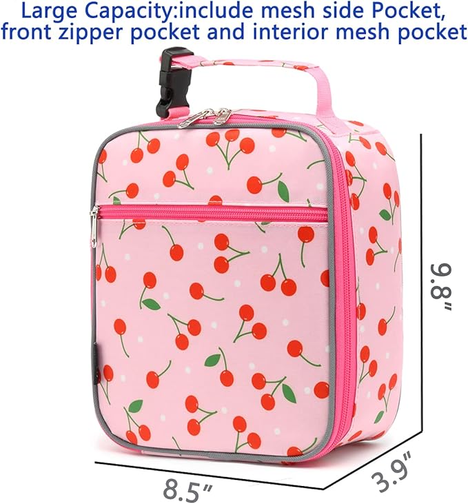 FlowFly Kids Lunch box Insulated Soft Bag Mini Cooler Back to School Thermal Meal Tote Kit for Girls, Boys, Cherry
