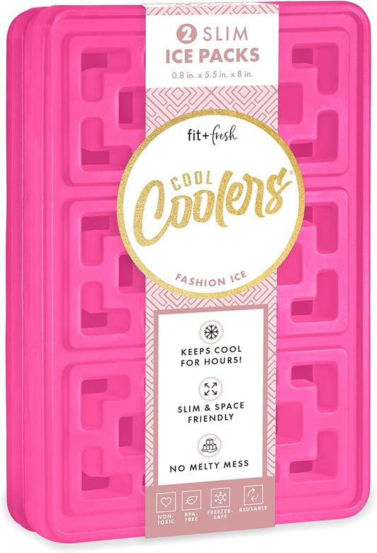 Cool Coolers XL Fashion Ice by Fit + Fresh, 2pk Ice Blocks for Lunchboxes, Freezer Packs for Coolers, Hot Pink