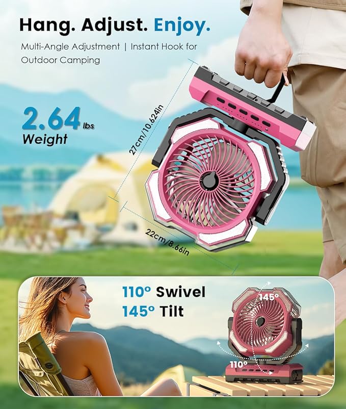 Misting Fan - Pink Portable Rechargeable Fan with 9oz Water Tank, Light, Hook - Versatile, 120H MAX Cooling, Last 5H Mist, 4 Speed, Sleep Mode - Outdoor Fans for Camping, Travel, Patios