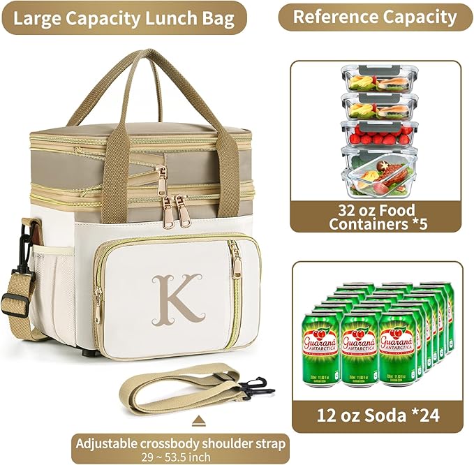 LOKASS Personalized Lunch Bag for Women Work, 16L Initial Insulated Lunch box for Adult/Womens Gift, Leakproof Personalized Gift Lunchbag with Adjustable Shoulder Strap, Cooler Bag Beige - X