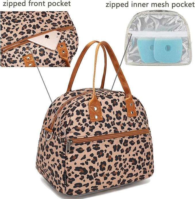 FlowFly Insulated Lunch Bag With Shoulder Strap for Women, Men, and Kids, Large and Reusable, Handle, Freezable Work and School Travel Tote and Meal Prep Organizer,Leapard