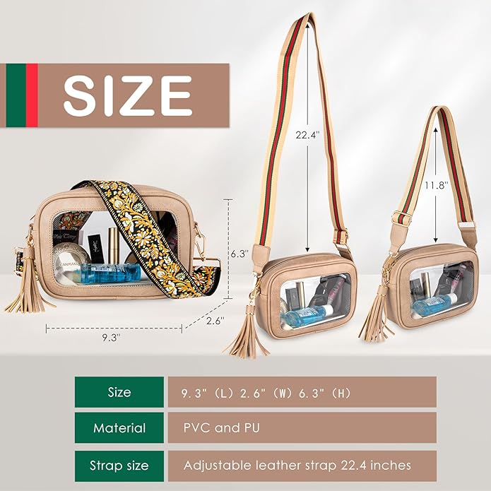 Viva Terry Clear Bag for Stadium Events Approved, Small Clear Crossbody Purse with 2 Adjustable Straps for Makeup Toiletry
