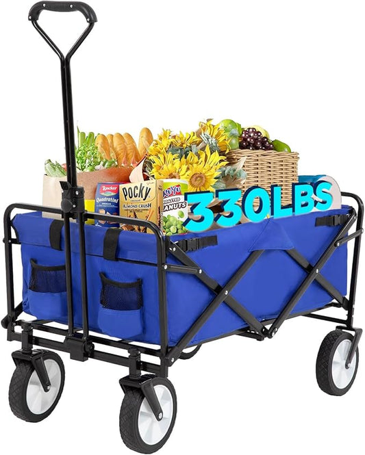 FDW 39''L Collapsible Wagon Cart, Heavy Duty Utility Folding Wagon for Outdoor Sports, 330 LBS Weight Capacity, Camping, Garden, and Shopping, Blue