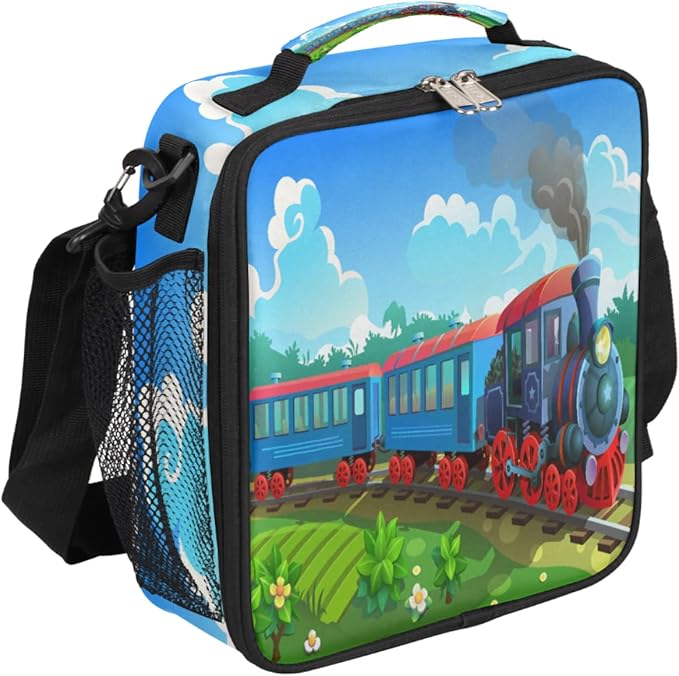 Steam Train Insulated Lunch Bag for Girls Boys Teen Colorful Locomotive Reusable Lunch Box with Shoulder Strap Freezable Thermal Cooler Bag