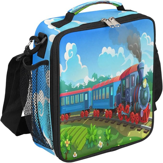 Steam Train Insulated Lunch Bag for Girls Boys Teen Colorful Locomotive Reusable Lunch Box with Shoulder Strap Freezable Thermal Cooler Bag