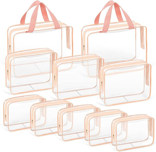 TISRATOK 10 PCS Clear Travel Makeup Toiletry Bag, Plastic PVC Cosmetic TSA Approved Organizer Kit with Zipper Handbag（Pink）