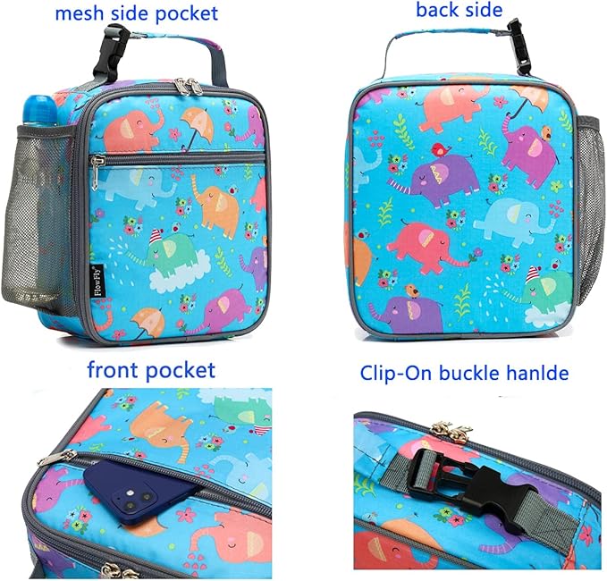 FlowFly Kids Lunch box Insulated Soft Bag Mini Cooler Back to School Thermal Meal Tote Kit for Girls, Boys, Elephant