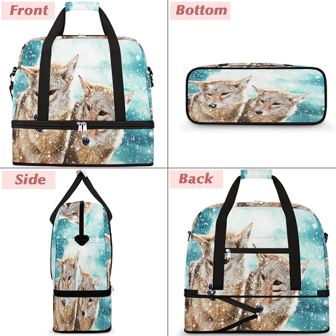 Wolf Snow Foldable Travel Duffel Bag Tote Carry On Luggage Sports Gym Bag With Shoe Compartment For Woman Man Overnight Weekend Yoga Workout Bag Training Handbag