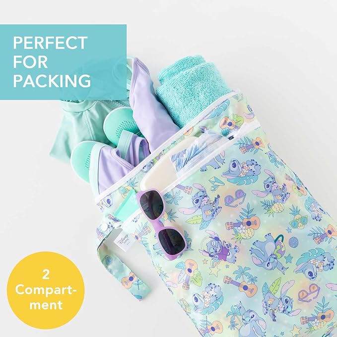 Bumkins Disney Waterproof Wet Dry Bag for Baby, Travel, Swimsuit, Cloth Diapers, Pump Parts, Pool, Beach, Gym Clothes, Toiletry, Hook to Stroller, Daycare, Zipper Reusable Wetdry Packing, Aloha Stitch