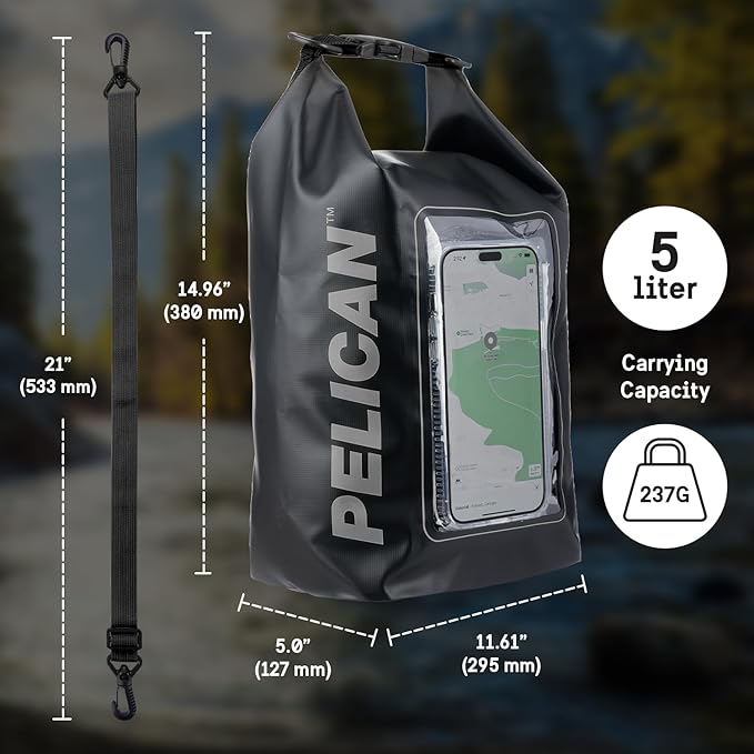 Pelican Marine IP68 Waterproof Dry Bag 5L - Roll Top Waterproof Backpack w/Phone Case/Pouch - Boating & Kayak Accessories - Essentials for Camping Swimming Beach Fishing Rafting Travel - Black