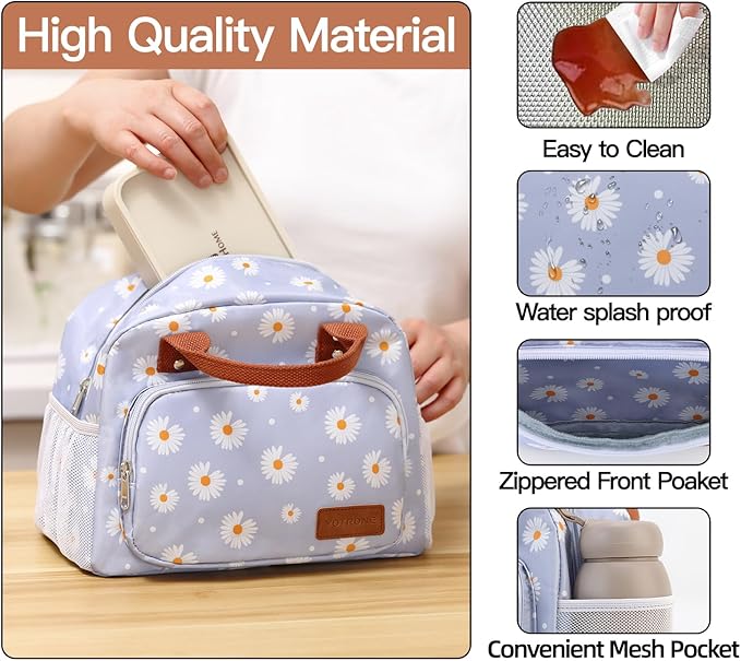 Lunch Bag Women,Insulated Lunch Box Lunch Bag for Women Men Work Adult Cute Small Lunch Tote Bag, Large Capacity Reusable Cooler Containers for Travel Picnic Office or Beach(Blue Daisy)