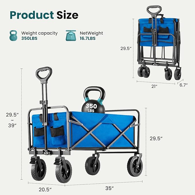 OLIXIS Heavy Duty Wagon Cart, 350 lbs Foldable Large Collapsible Wagons Carts with Wheels Smooth Maneuverability for All-Terrain, Suitable for Gardening, Camping, Beach - Blue