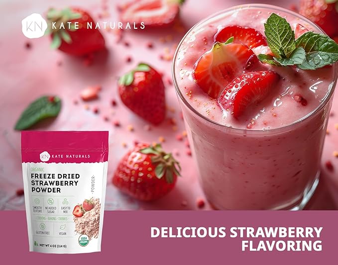 Kate Naturals Organic Freeze Dried Strawberry Powder for Baking & Drinks. Natural Strawberry Flavoring for Cakes, Icing & Smoothies (4oz, No Added Sugar)