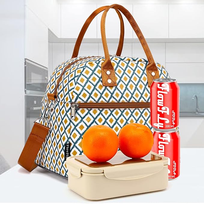 FlowFly Insulated Lunch Bag With Shoulder Strap for Women, Men, and Kids, Large and Reusable, Handle, Freezable Work and School Travel Tote and Meal Prep Organizer,Square