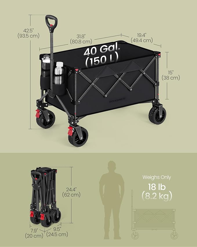 SONGMICS 40-Gallon Collaspible Wagon, Wagons Carts Foldable, for Camping Garden Outdoor, with Handle, Holds up to 330 lb, 4 Removable Wheels, Space-Saving, Ink Black UGFW115B01