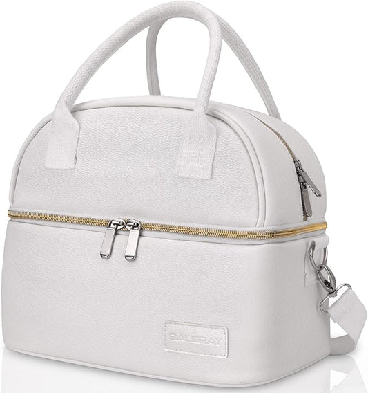 BALORAY Lunch Bag for Women Men, Double Deck Lunch Box for Adults, PU Leather Lunch Tote Bag Insulated Lunch Bags with Strap for Work Office Picnic