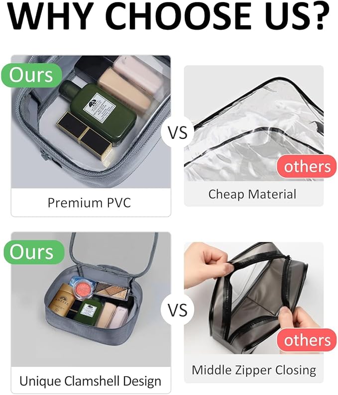 Moyad TSA Approved Clear Toiletry Bag with Handle, 2 Pack Quart Size 3-1-1 Liquids Pouch for Travel, Transparent Makeup & Cosmetic Organizer for Women Men, Grey