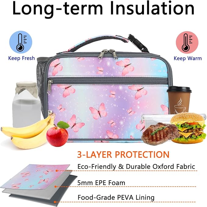 Insulated Lunch Box for School, Thermal Reusable Durable Freezable Lunch Bags for Kids Boys Girls Men Women - Small Soft Cooler Portable Lunch Tote Kit for Work Picnic Travel,Butterfly