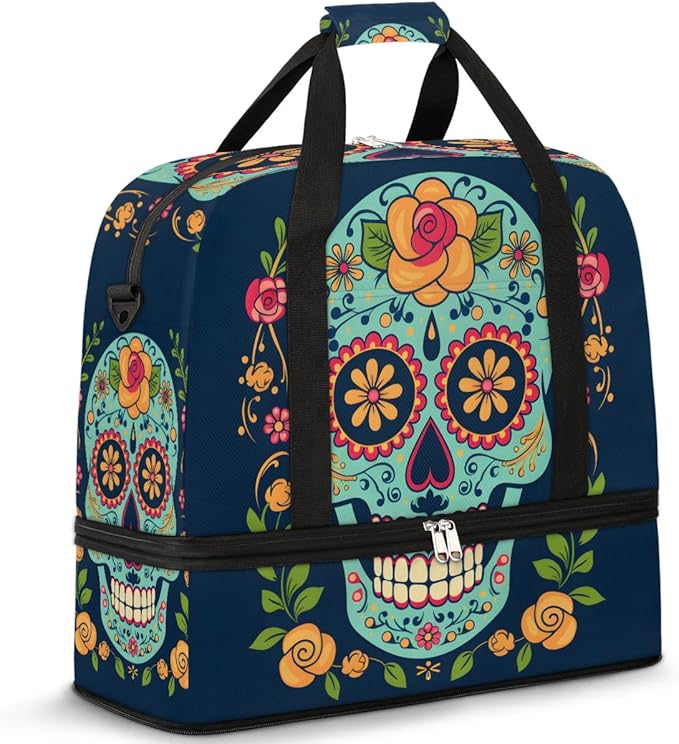 cfpolar Woman Travel Duffel Bag Mexican Skull Foldable Tote Carry On Luggage Sports Gym Bag With Shoe Compartment Overnight Weekend Yoga Workout Bag Training Handbag