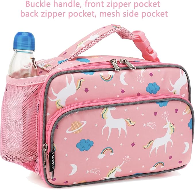 FlowFly Kids Lunch box Insulated Soft Bag Mini Cooler Back to School Thermal Meal Tote Kit for Girls, Boys,Unicorn