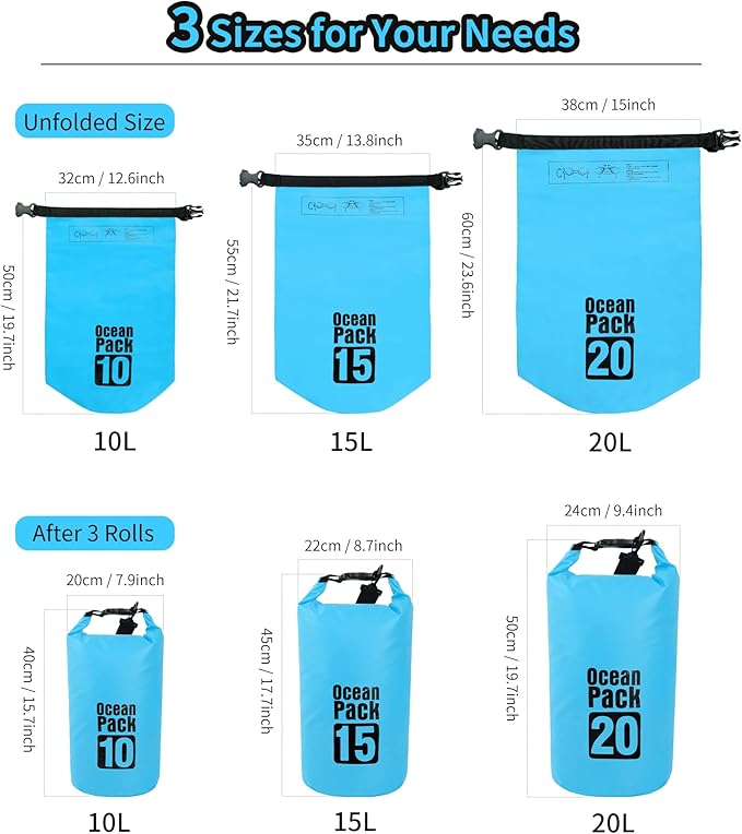Dry Bag Waterproof for Women Men,15L Rolled Lightweight Dry Storage Bag Backpack with Phone Case for Travel,Swimming,Boating, Kayaking,Camping & Beach,Lake Blue