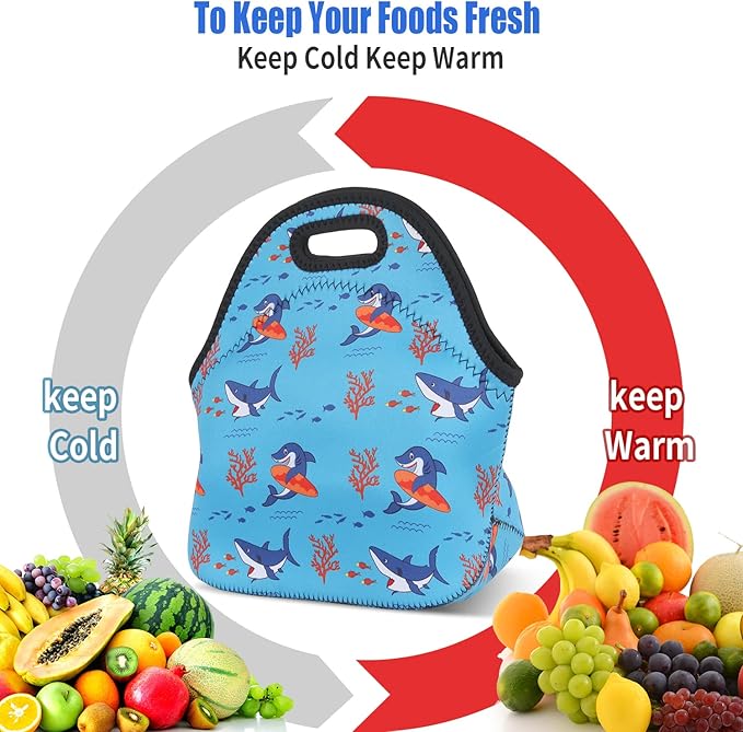 Violet Mist Neoprene Lunch Bag Washable Shark lunch HandBags Tote Reusable Thermal Insulated Lunch Bags Cooler Lighweight lunch bag for Men Work Picnic Thanksgiving Christmas Gifts