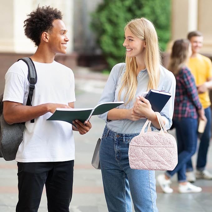 Cotton Quilted Insulated Lunch Bag, Cute Quilted Floral Lunch Tote Bags Reusable Insulated Lunch Box Coquette Aesthetic Large Capacity Insulated Cooler for Women Men Work Travel Picnic (Pink)