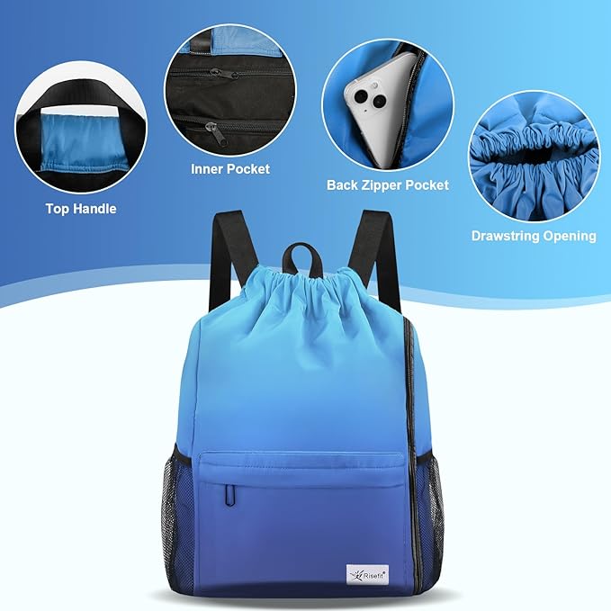 Drawstring Backpack with Mesh Pockets String Gym Bag Sackpack Sandproof Water Resistant Beach Backpack for Men Women