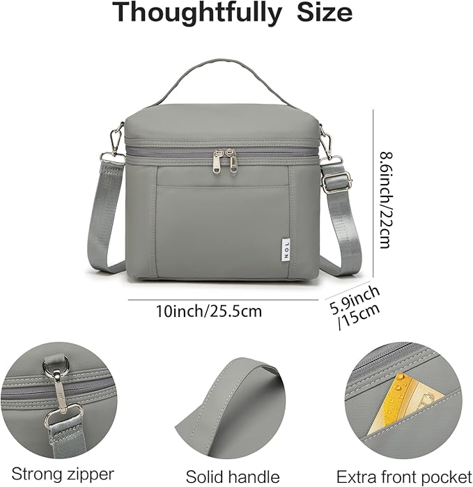 NOL Natural Organic Lifestyle Insulated Lunch Bags for Women Cooler Bag Lightweight Nylon Waterproof Lunch Box For Work (Cool gray, Medium(normal))