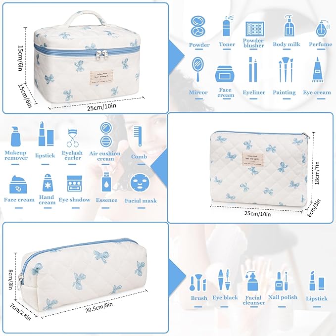3PC Makeup Bag Set, Quilted Makeup Bag, Large Floral Cosmetic Bag for Women, Cute Cotton Makeup Bags, Flower Travel Toiletry Organizer Bag (White and Blue Bow)