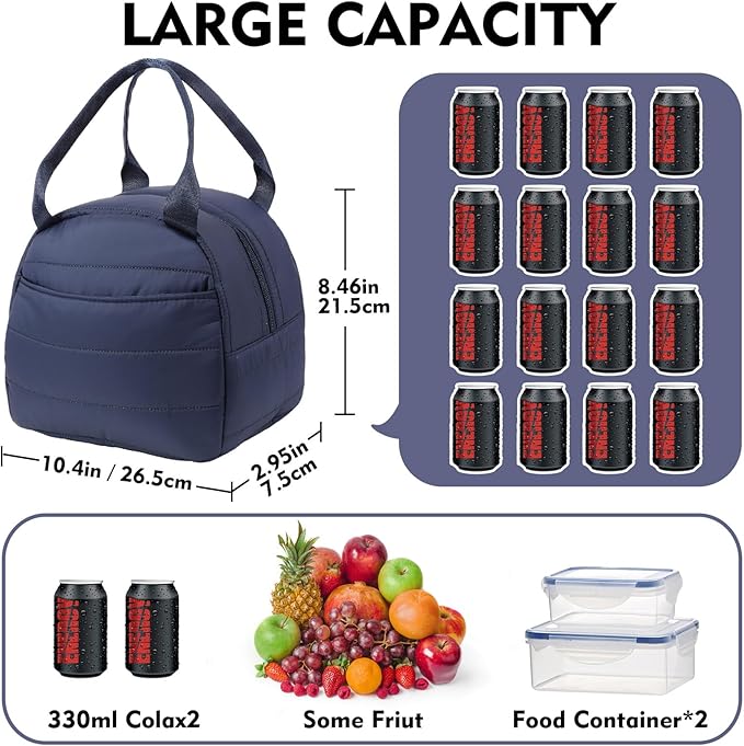 Lunch Bag Lunch Box for Women Men Adult Insulated Cute Small Quilted Puffer Lunchbox Reusable Thermal Lunch Cooler Tote Bag for Work, Picnic or Travel-Navy