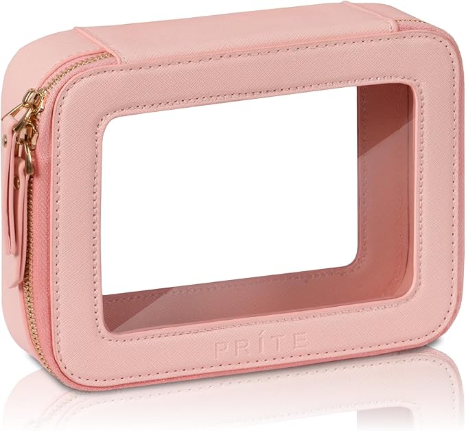 Prite Clear Makeup Bag Cosmetic Organizer Case Waterproof Travel Toiletry Bag Skincare Pouch with Golden Zipper(Pink)