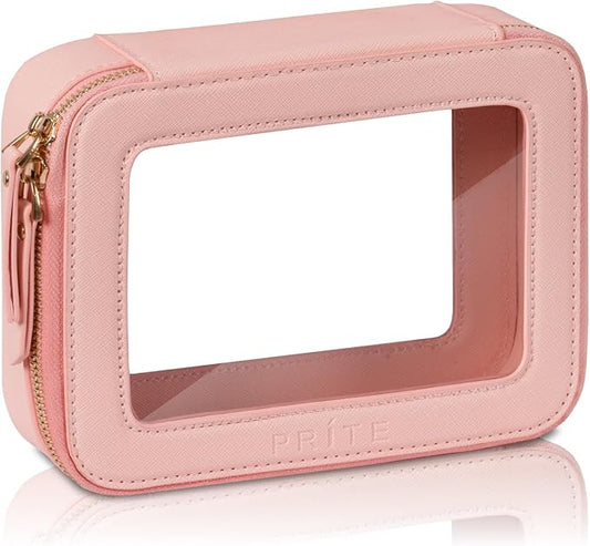 Prite Clear Makeup Bag Cosmetic Organizer Case Waterproof Travel Toiletry Bag Skincare Pouch with Golden Zipper(Pink)