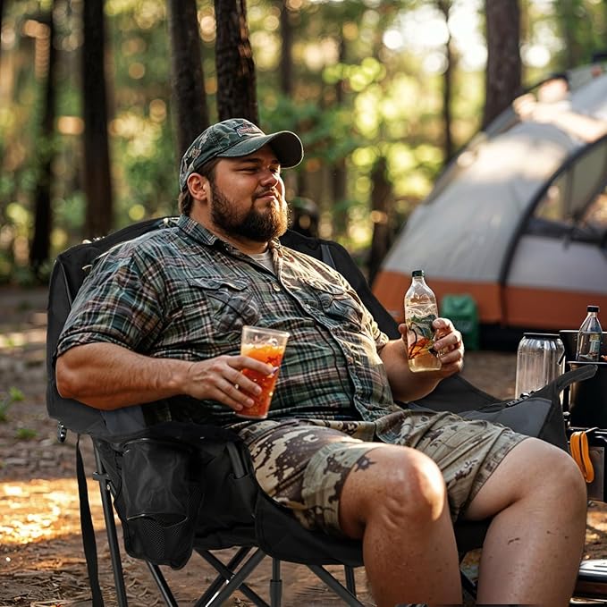 Overmont Oversized XL Camping Chair for Adults - 450lbs Support Heavy-Duty Padded Folding Chair with Side Pocket Cup Holder Cooling Bag for Outdoor Sports Garden Beach Fishing Lawn Black