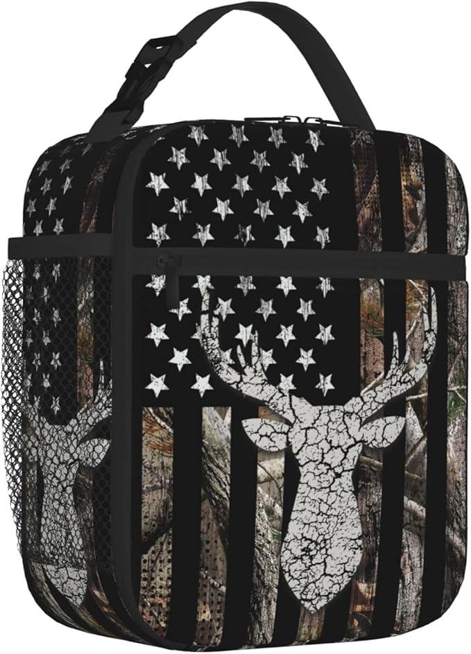 SARA NELL Hunting Camo Deer Insulated Lunch Bag Camouflage American Flag Lunch Cooler Box for Women Men Teens Kids, Reusable Lunch Tote Bag, Insulated Lunch Bags for Work, Picnic, School or Travel