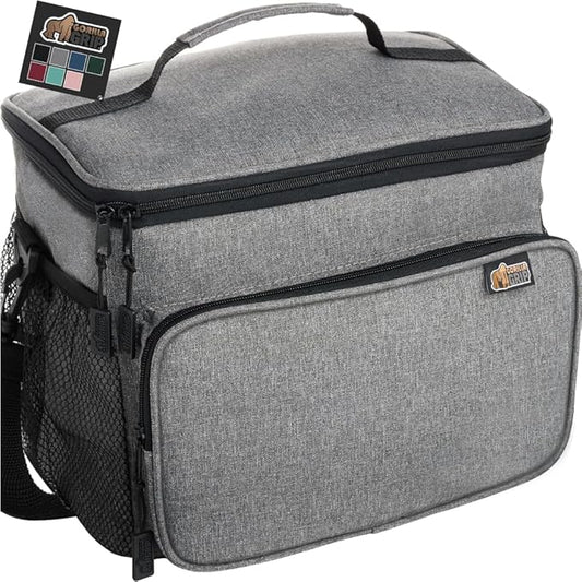 GORILLA GRIP Reusable Insulated Lunch Box Bag for Women Men,15L, Leakproof XL Soft Cooler Bags, Multiple Compartments, Mesh Pockets and Adjustable Strap, Food Tote Keeps Drinks Cold, 13x9, Light Gray