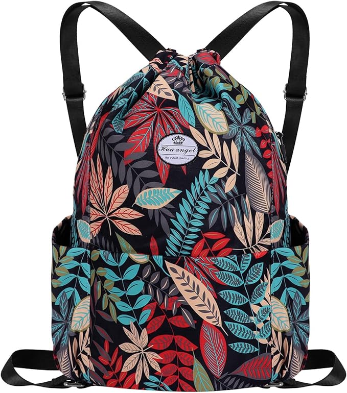 HUA ANGEL Floral Print Drawstring Bag - Lightweight Waterproof Cinch Sackpack with Side Pocket for Men & Women Travel Gym Bag