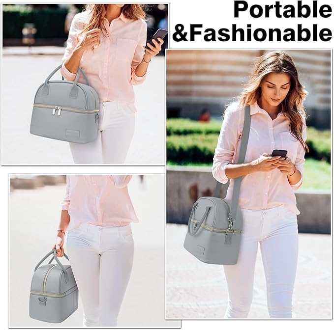 BALORAY Lunch Bag for Women Men, Double Deck Lunch Box for Adults Teens, PU Leather Lunch Tote Bag Insulated Lunch Bags with Strap for Work Office School