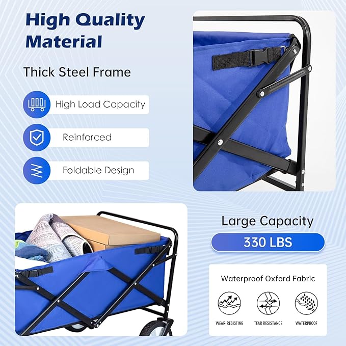 FDW 39''L Collapsible Wagon Cart, Heavy Duty Utility Folding Wagon for Outdoor Sports, 330 LBS Weight Capacity, Camping, Garden, and Shopping, Blue