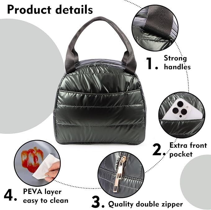 Lunch Bag Lunch Box for Women Men Adult Insulated Cute Small Quilted Puffer Lunchbox Reusable Thermal Lunch Cooler Tote Bag for Work, Picnic or Travel-Olive green