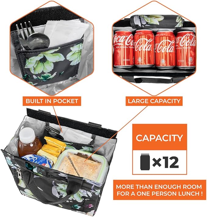 opux Lunch Bag for Women, Insulated Lunch Box Tote for Girls Kids Adult School Work, Reusable Womens Lunch Tote for Office Travel, Cute Small Lunch Tote, Fits 12 Cans - Floral Gray