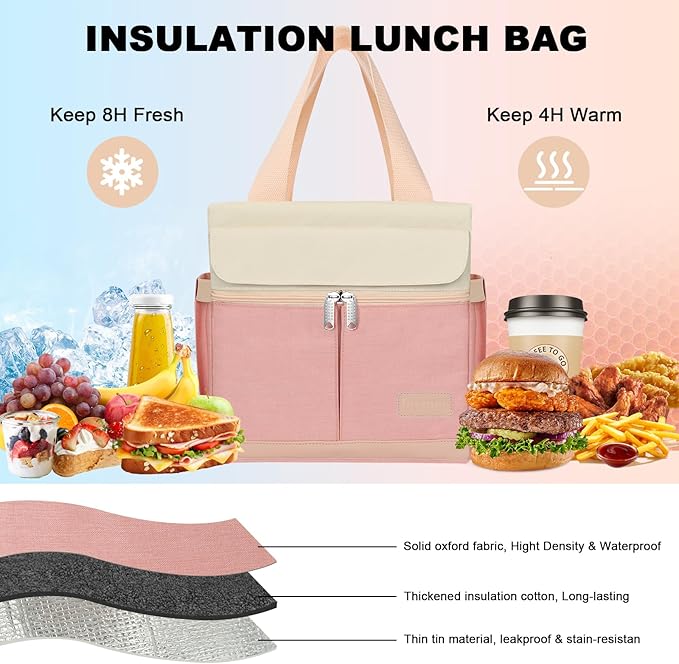 Joymee Lunch Box for Women Insulated Lunch Bag with Shoulder Strap Reusable Leakproof Large Spacious Lunch Cooler Tote for Women Adult with Bottle Holder and Side Pockets for Work Picnic - Pink