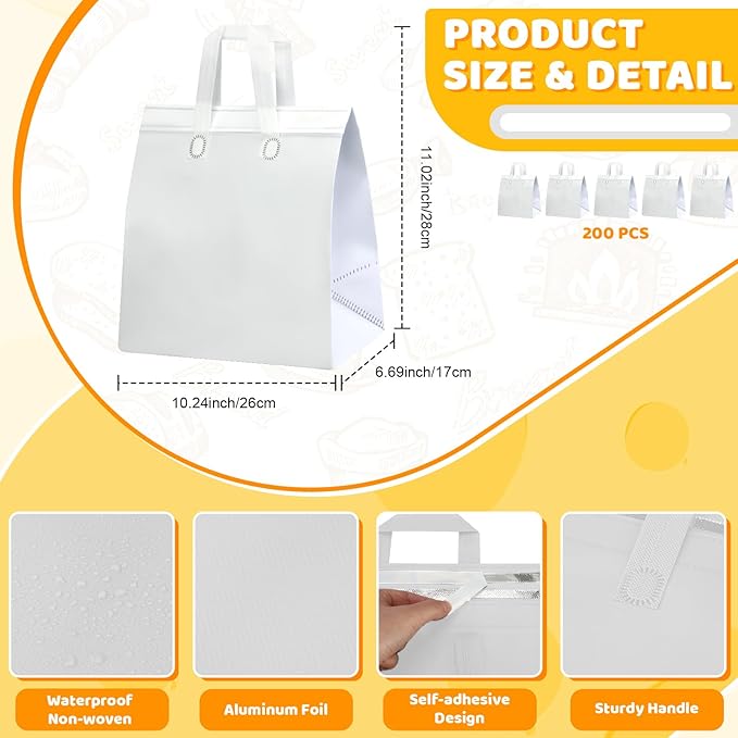 Hushee 200 Pcs Insulated Take out Bags Bulk Thermal Insulation Take Away Bags Disposable Cooler Bags 10.24x11.02x6.69 Inch for Grocery Lunch Hot Cold Frozen Food Delivery Shipping(White)