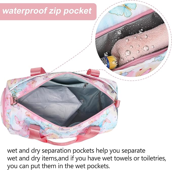 Butterfly Girls Sports Duffle Bag with Wet Pocket, Shoe Compartment & Overnight Travel Bag (Pink)