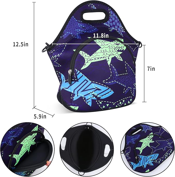 Violet Mist Shark 7 Inch Neoprene Lunch Bag, Reusable Insulated Food Carrier with Adjustable Shoulder Strap, 12.6 x 11.8 x 6.24 Inches