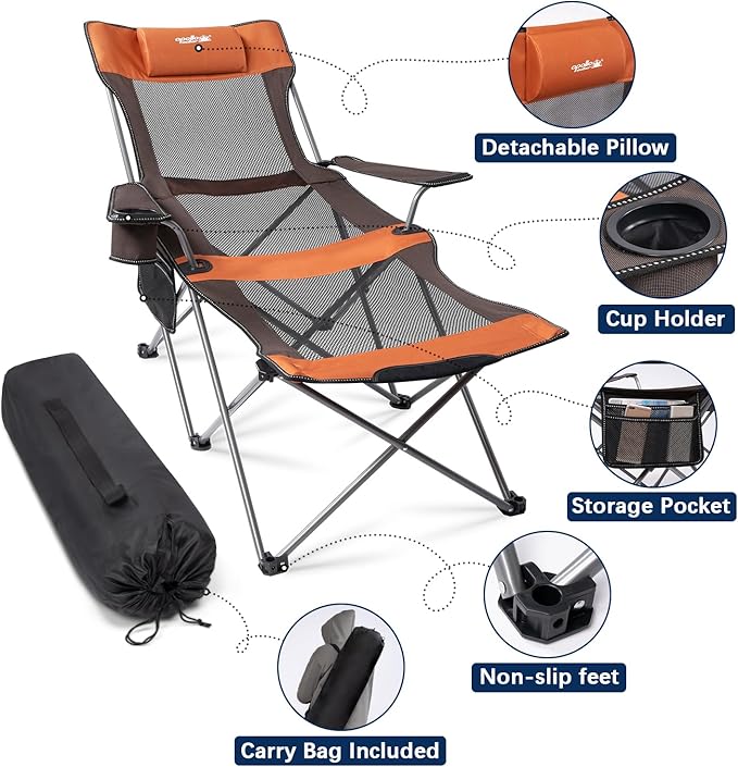 apollo walker Camping Chairs for Adults - 6 Legged Beach Chair with Foot Rest, Breathable Mesh, Adjustable 90° - 135° Reclining Lounge Chair Outdoor, Folding Chairs for Outside with Detachable Pillow