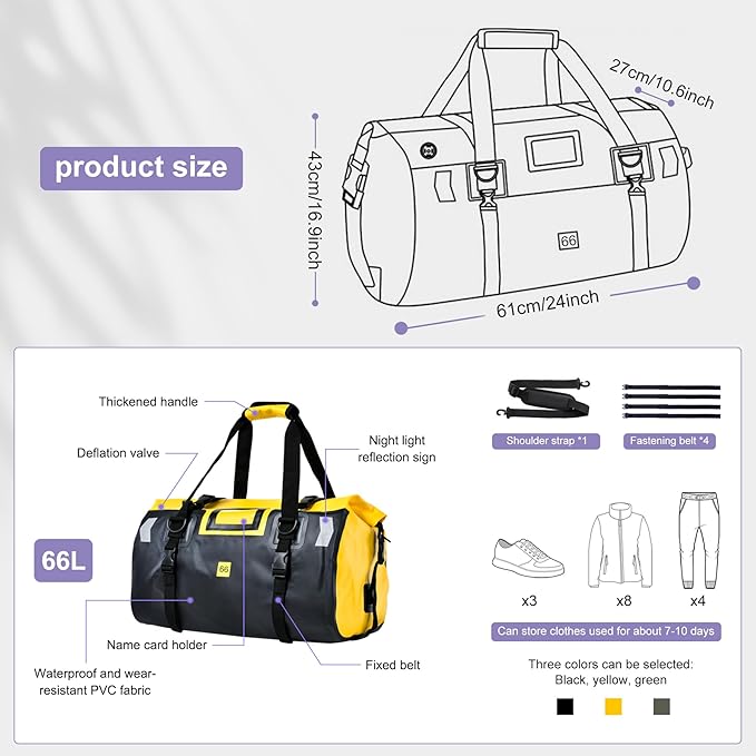 Waterproof Duffel Bag，Roll-Top Heavy Duty Dry Duffle Bag，Motorcycle Dry Bag，with Quick-fixed Straps，with Large Storage Space, Perfect for Traveling, Camping, Kayaking, Fishing & Canoeing (yellow, 66L)