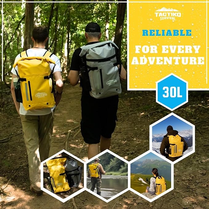 Tactiko 30L Heavy-Duty 100% Waterproof Backpack - Dry Roll-Top Floating Backpack - Rip-Stop Tarpaulin - Comfortable Padded Shoulders & Back - Waist Strap - Large Utility Pocket, Carabiner (Yellow)