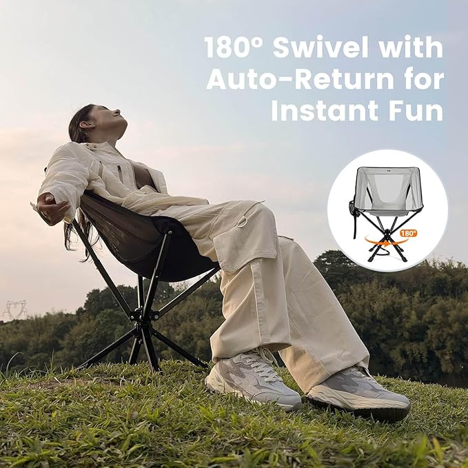 Portable Camping Chair - SwivelCore 180 Swivel & Auto-Return, Small Compact Lightweight Folding Chairs for Adults, Outdoor Backpack Chair for Adventures, Setup in Seconds, Support 300 LBS